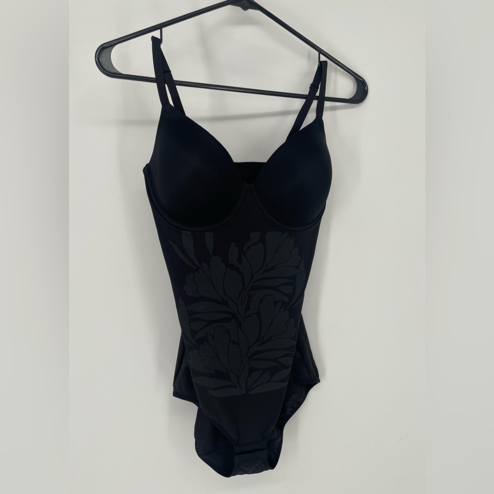 Maidenform Black Floral Print Fitted Stretch Shapewear Bodysuit - Picture 1 of 14